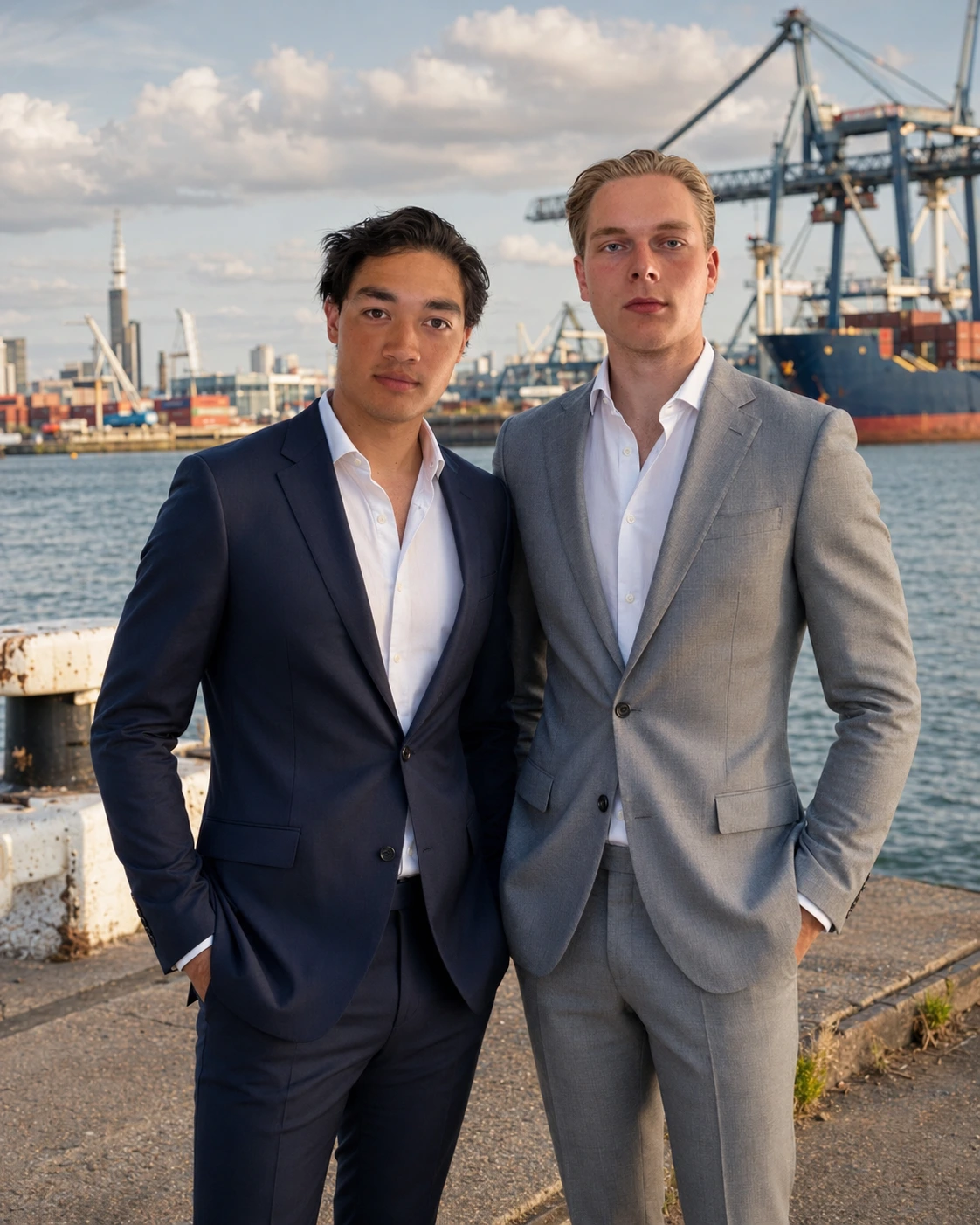 Philip Gouw and Karsten Bosch standing together in suits at an international harbor terminal